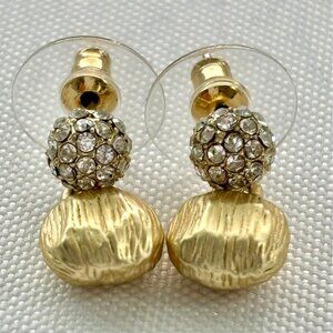 Gold & Rhinestone Textured Drop Earrings With Crystal Accents Stud Backings Ligh